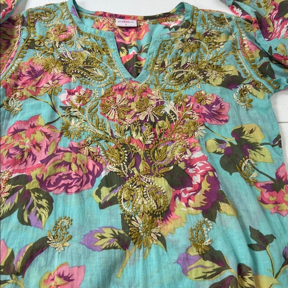 Indika Embroidered Tunic Top Floral V Neck Long Sleeve Light Teal Boho - Picture 7 of 8